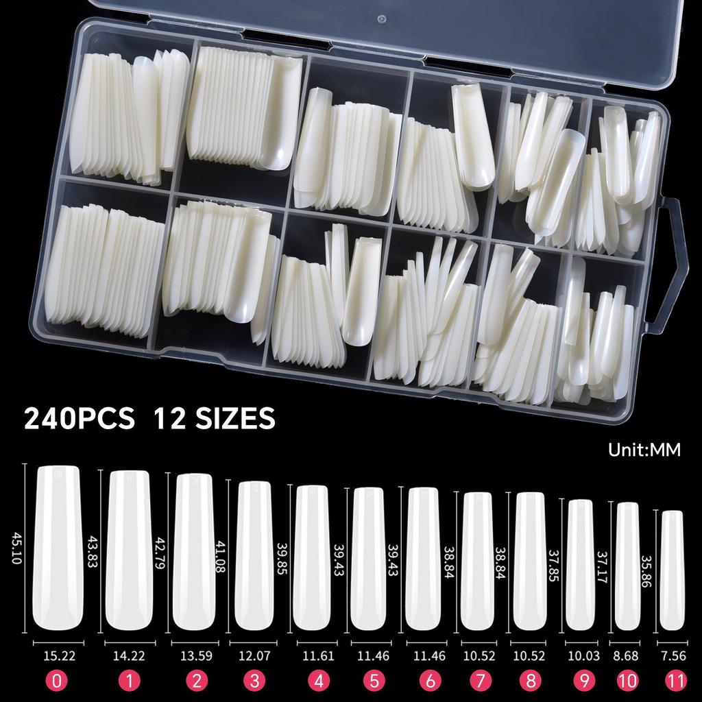 240PCS/Box False Nail Tips Square Straight Extra Long Half Cover Nails Clear/Natural Acrylic Fake Nails Extension Manicure Salon