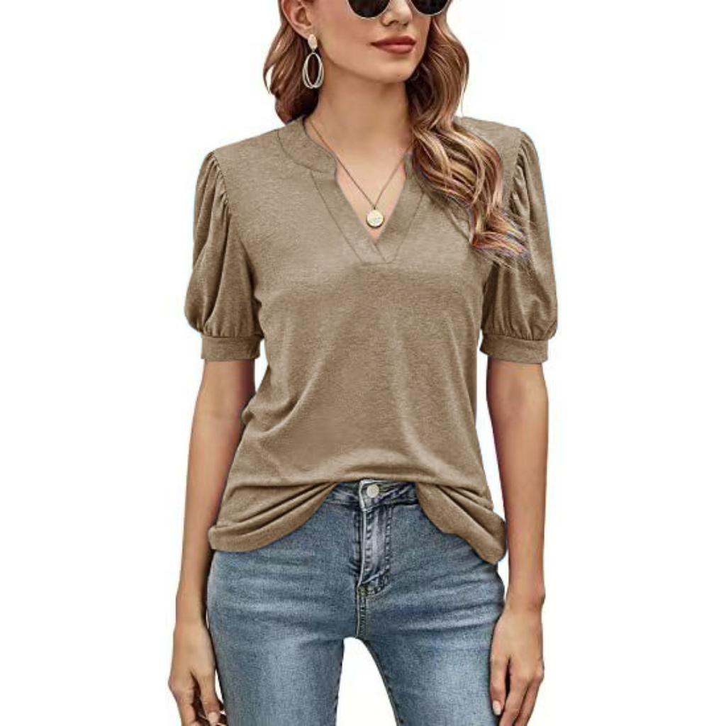 Summer Women's Casual V-Neck Solid Color Puff Sleeve Loose T-Shirt Top for Women European & American Crossborder Apparel