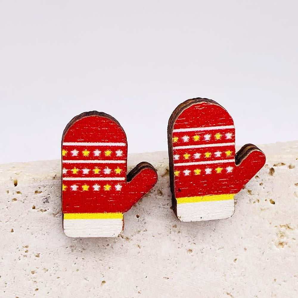 Christmas Wooden Stud Earrings Set: Bell, Santa Hat, and Gloves - Festive Holiday Jewelry Trio