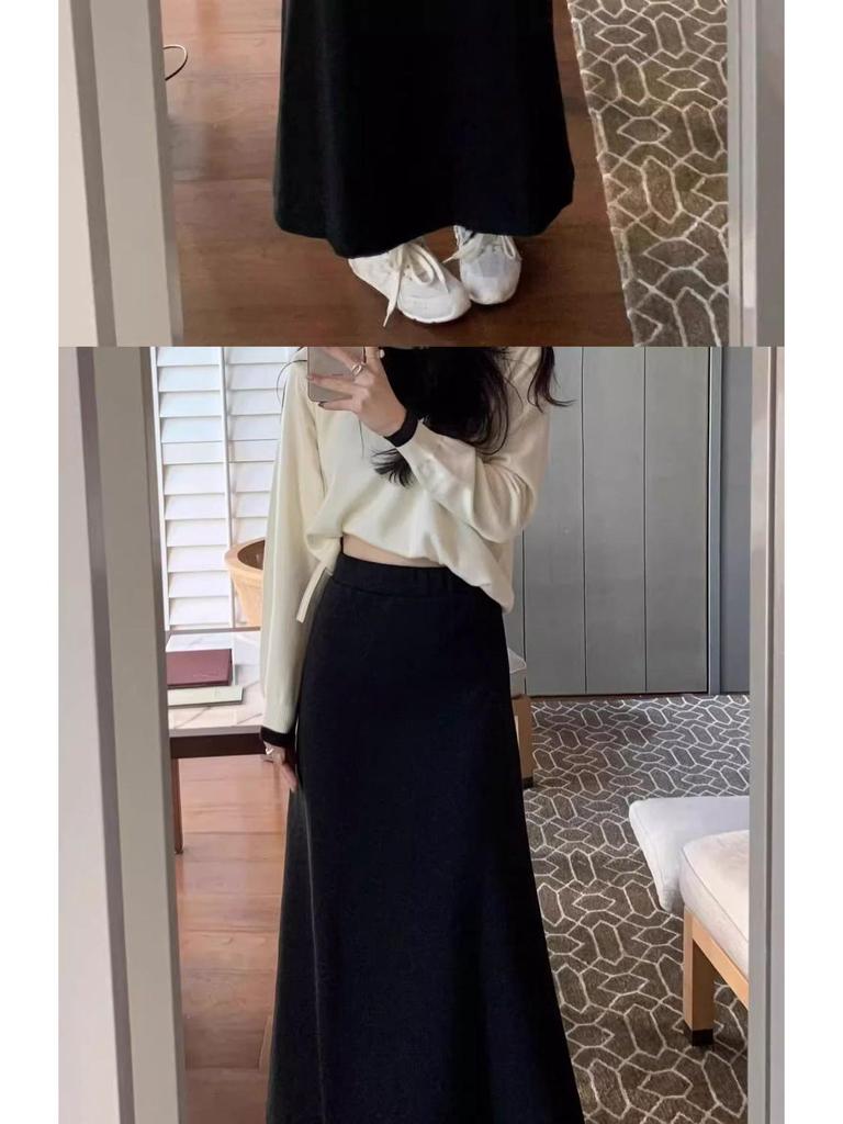 Women's High-Waist Gray Fishtail A-line Skirt – Elegant, Slimming Elastic Waist for Spring/Autumn