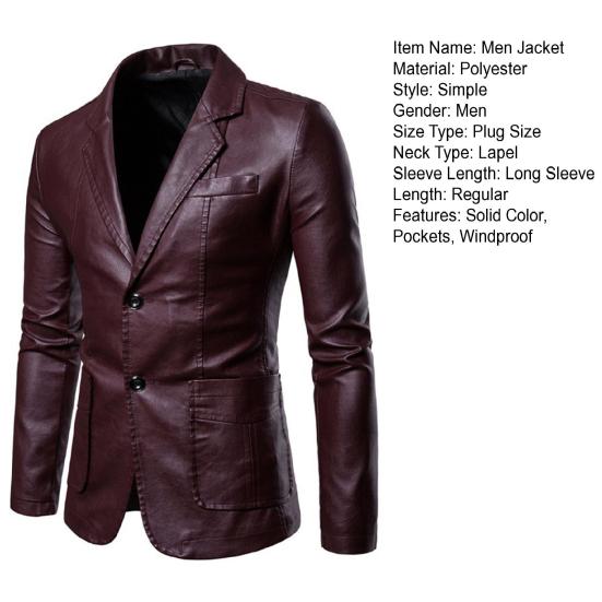 Men Solid Color Faux Leather Suit Coat Lapel Long Sleeve Pockets Single-breasted