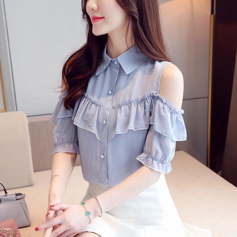 Women's Off Shoulder Tops Shirts Summer Korean Clothes Casual Feminina Ruffles Sexy Chiffon Blouses