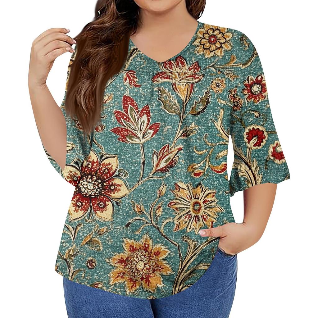 Women's Fashion Casual Retro Printed V-Neck Seven-Point Sleeve Ruffle Sleeve T-Shirt Tops Plus Size Women's