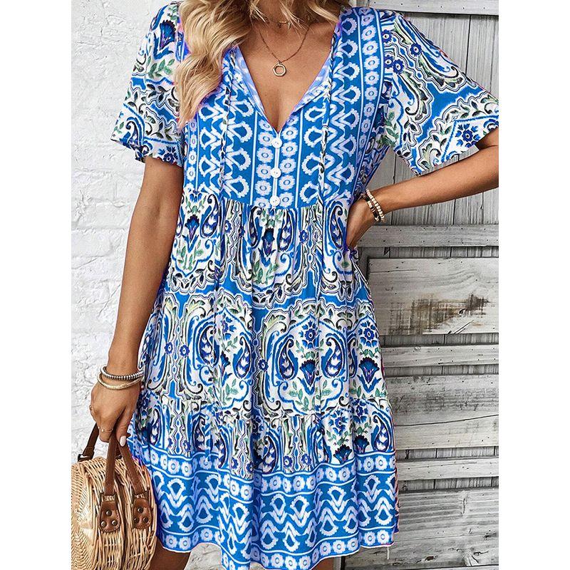 

2025 Dress Fashion Loose Bohemian Printed Short Skirt Blue M