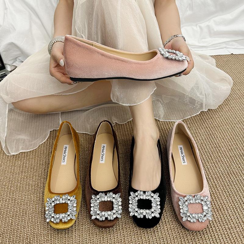 Evening Wind French Small Single Shoes Women'S Spring Rhinestone Square Buckle Shallow Mouth One Pedal Flat Beanie Shoes