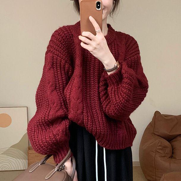 Women's Slimming Lady Niche Twist Sweater Autumn Winter Loose Chunky Yarn Korean Style Long Sleeve Knit Top