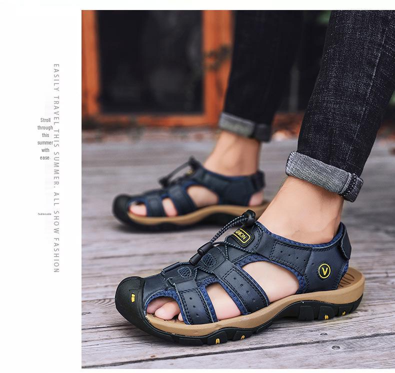 Plus Size Men's Non-Slip Leather Sandals for Summer Beach & Outdoor Use