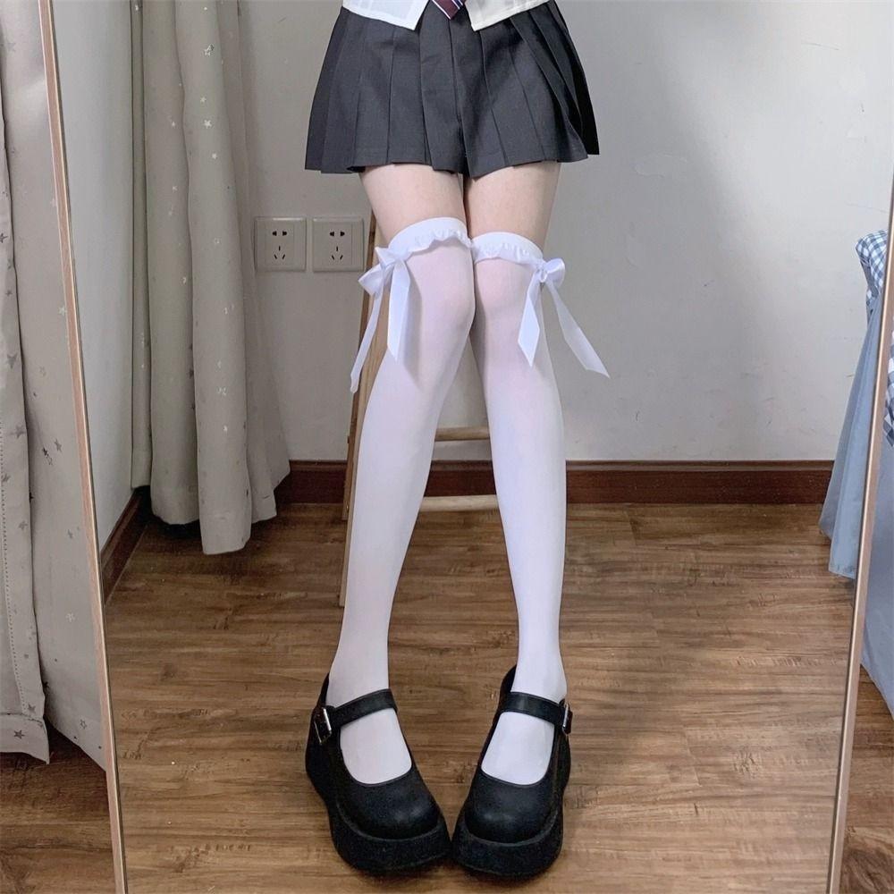 Milk White Lolita Velvet Knee Socks Long Tube Spring And Autumn Lace Ribbon Bow High Tube Socks Lolita