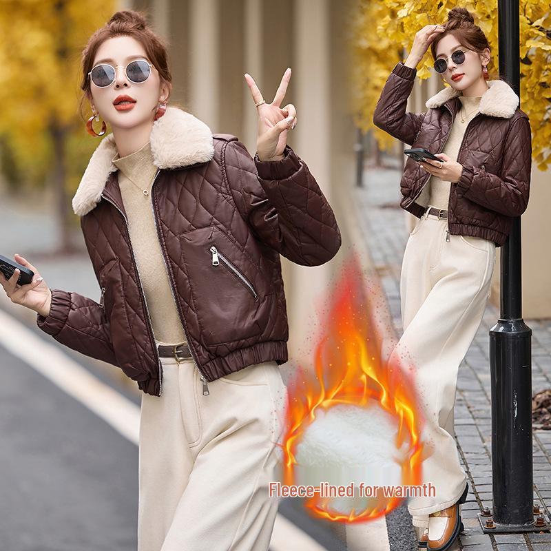 Women's Winter Korean Style PU Leather Coat with Fleece Lining and Fur Collar