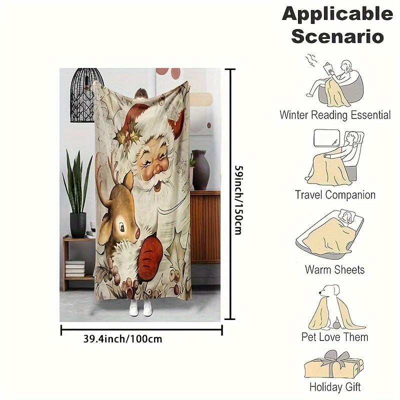 Cozy Christmas Flannel Throw Blanket - Vintage Santa & Reindeer Design, Soft & Warm for Couch, Bed, Office - Hypoallergenic