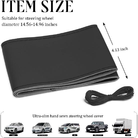Leather Steering Wheel Cover, DIY Sewing With Needle & Thread, Breathable Anti-Slip Car Steering Wheel Protector, Universal 15 Inch Auto Steering