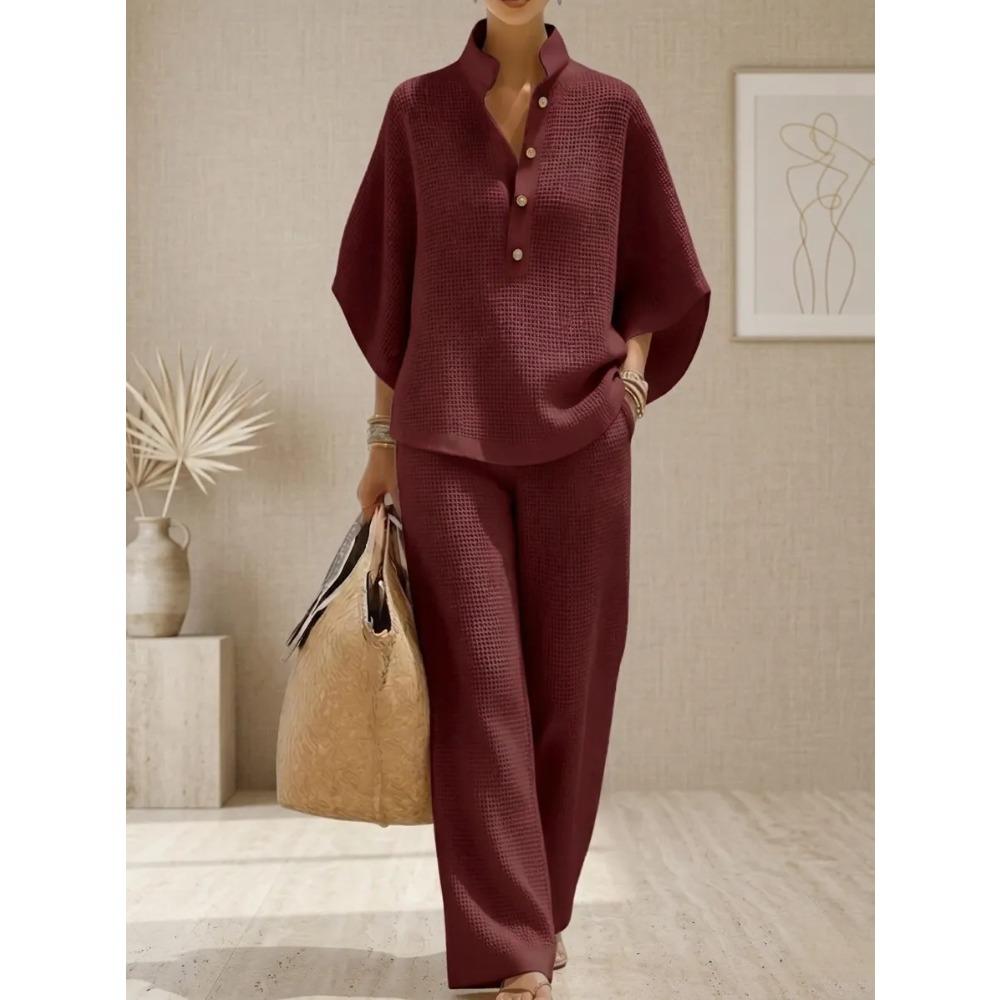 Women's Mandarin Collar Half Sleeve Button Up Shirt and Wide Leg Pants Casual Loungewear Set