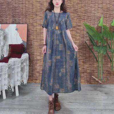 Vestido Floral Retro Literario para Mujer Nuevo de Verano Cuello Redondo Holgado Estampado Falda de Algodón y Lino