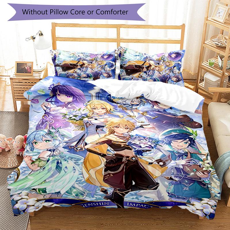 3pcs Genshin Impact pattern bedding set duvet cover set includes duvet cover &pillowcases, perfect all season bedroom decoration & gift