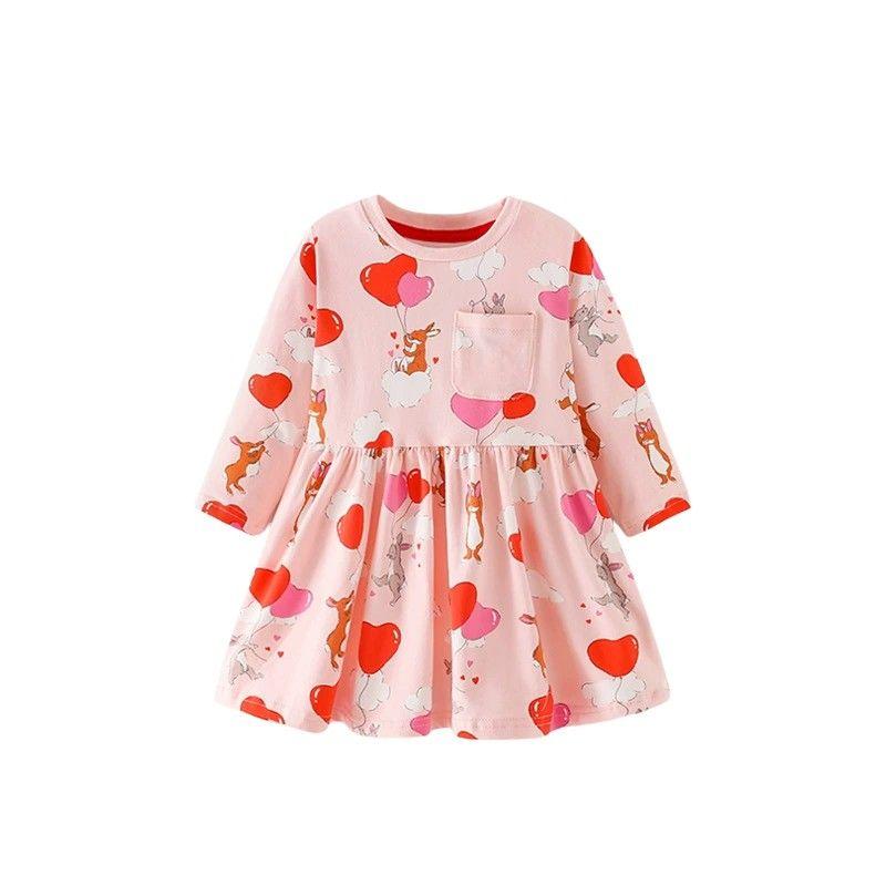 Girl Heart Balloon Dress Spring and Autumn Children's Clothing Fashion Baby Girl Sweet round Neck Print Long Sleeves Princess Skirt