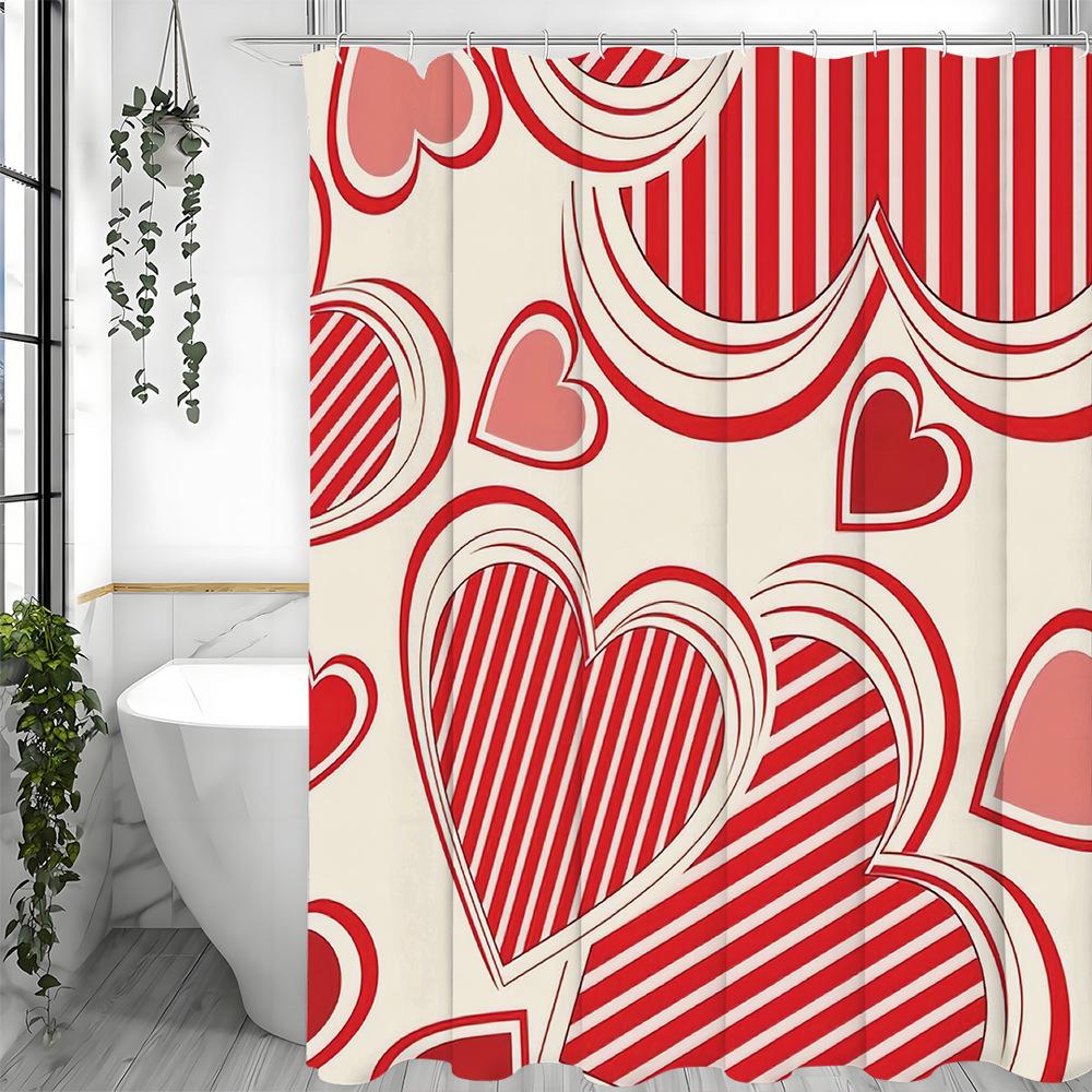 

Pink Heart-Shaped Horizontal Stripes Shower Curtain Washable Dirt-Resistant Shower Head Waterproof Polyester Bath Curtain W60H190(CM)-1 Pcs