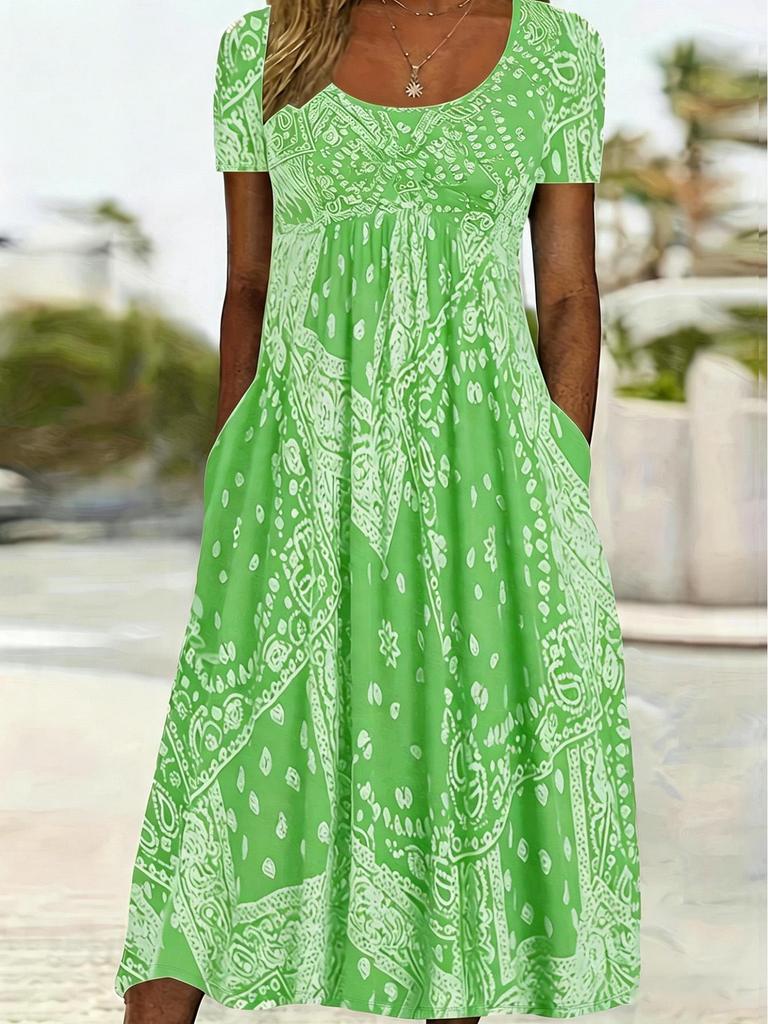 Europäisches & Amerikanisches Sommer Retro Print Mittelhoher Taillenlanger Kleid - Kurzarm, Rundhalsausschnitt, Bequemer Lässiger Stil Pullover