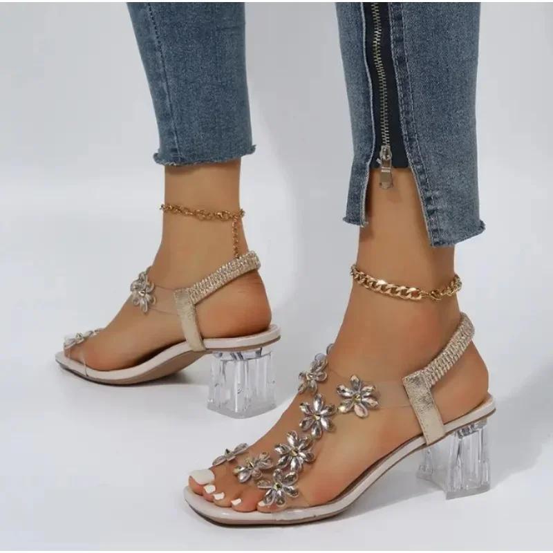 Léto Ženy Sandály PVC Crystal Květinová dekorace Robustní podpatek Peep Toe Zadní pásek Pružný pásek Elegantní Módní Boty Dámské