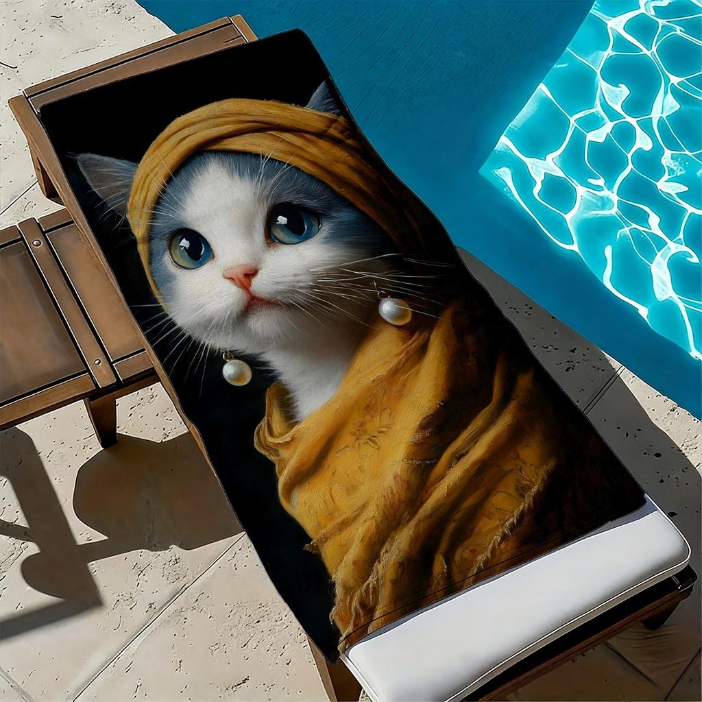 Cat with Pearl Earrings Pattern polyester microfiber beach towel is highly absorbent, suitable for swimming and beach outings