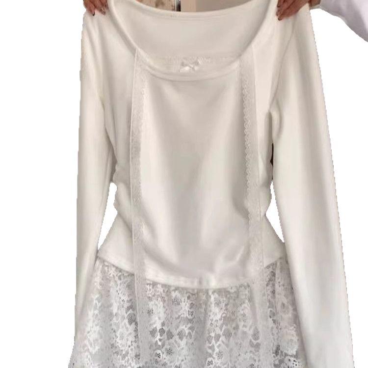 Women's Faux Two-Piece Lace Halter Long Sleeve T-Shirt: Slim-Fit, Versatile, Niche Design for Spring/Autumn