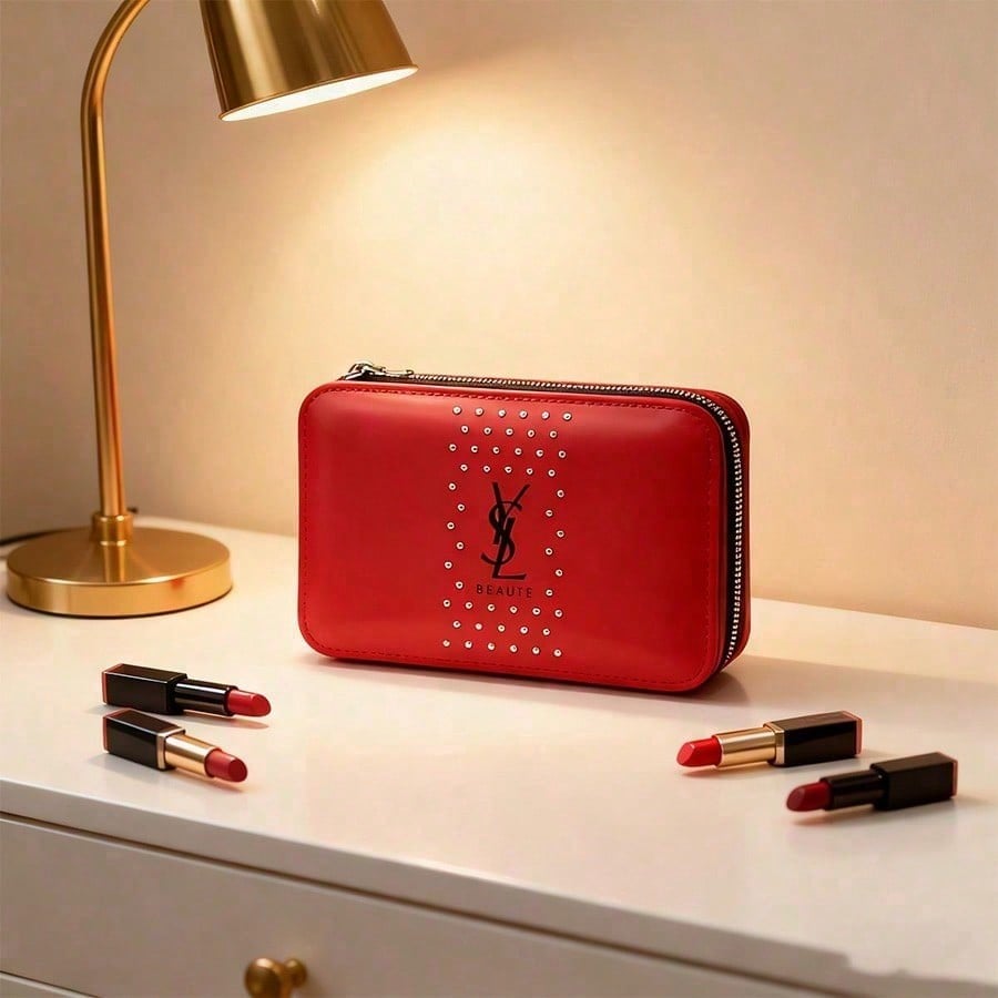 Kosmetiktasche aus rotem Lackleder - glänzendes quadratisches Kosmetiketui, modische Aufbewahrungsbox. YSL-GESCHENK-65