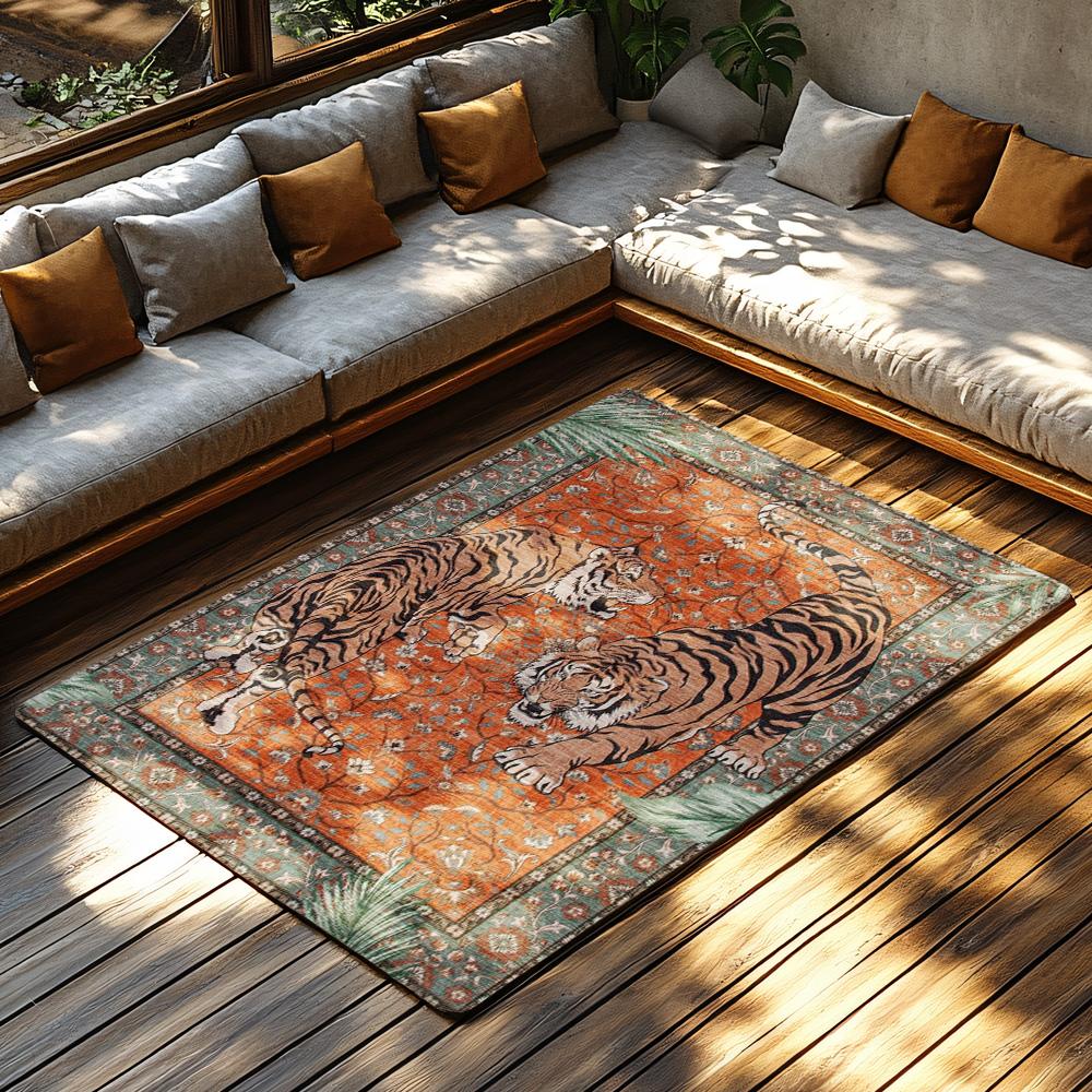 Orange Red Tiger Pattern Bohemian Rug, Ethnic Border Non-Slip Carpet, Plush Living Room Mat for Jungle Theme Decor
