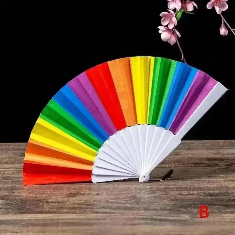 Plastic Hand Crank Fan Foldable Pretty Style Rainbow Silk Fabric Pocket Fans Crafts Party Personality Dance Decoration Home