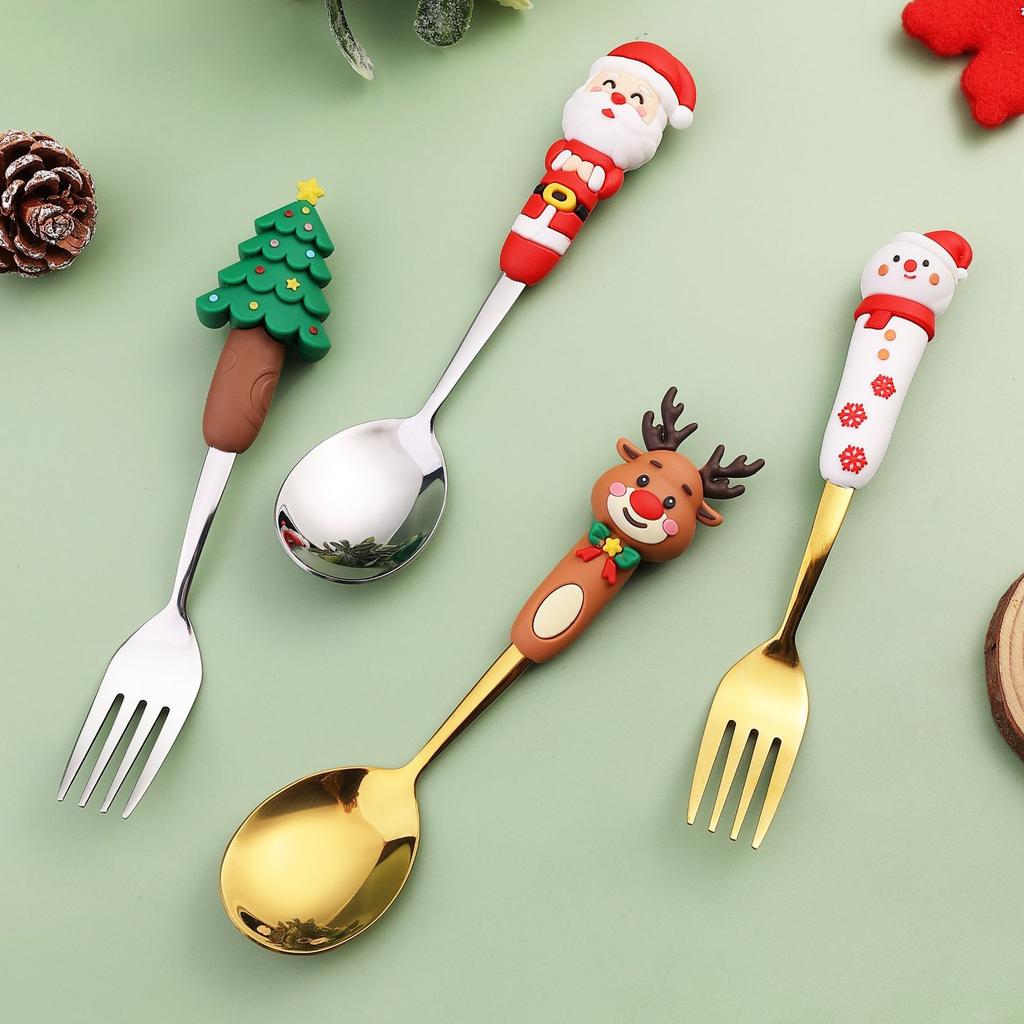 2/4Pcs Christmas Dinnerware Stainless Steel With Luxury Gift Box Tableware Dessert Fork Coffee Spoon Santa Cutlery For Christmas