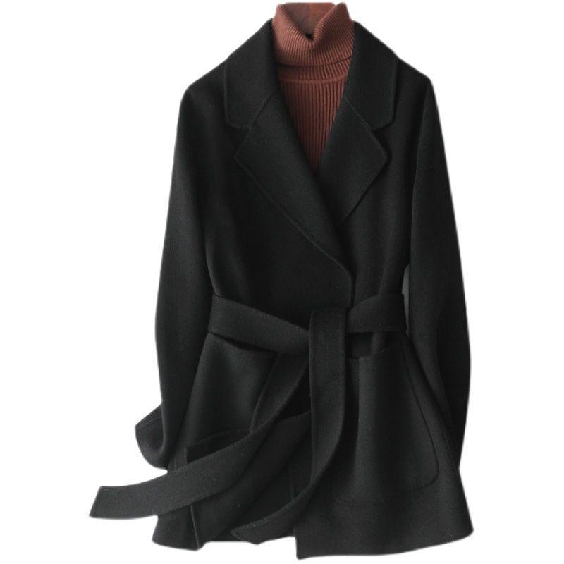 Wool Women s Autumn/Winter 2023 Coat with Waistband - Elegant, Trendy, Petite Spandex Jacket