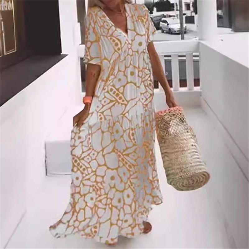 

European And American Style Ladies Summer Long Skirt New Printed Short-sleeved Deep V-neck Casual Loose Dress XXXL жовтий