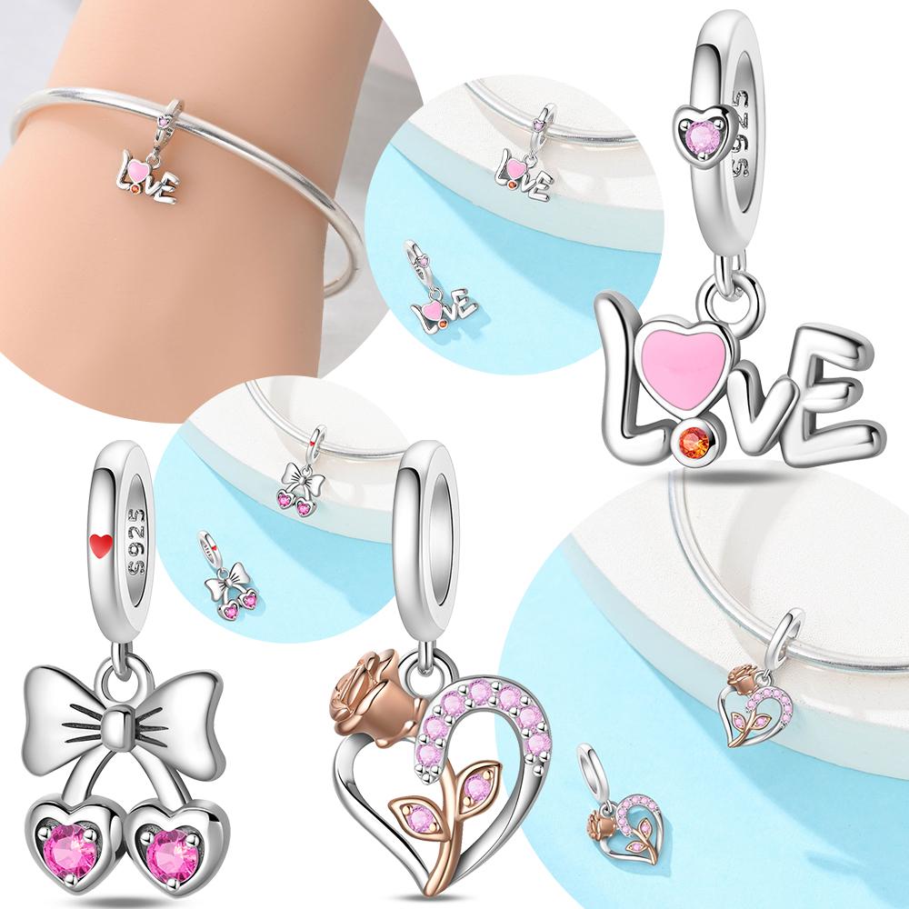 Original Copper Pink Heart Love Bow Pendant Rose Flower Charms Bead Fit Bracelet Women Jewelry Diy Accessory Girlfriend Gift