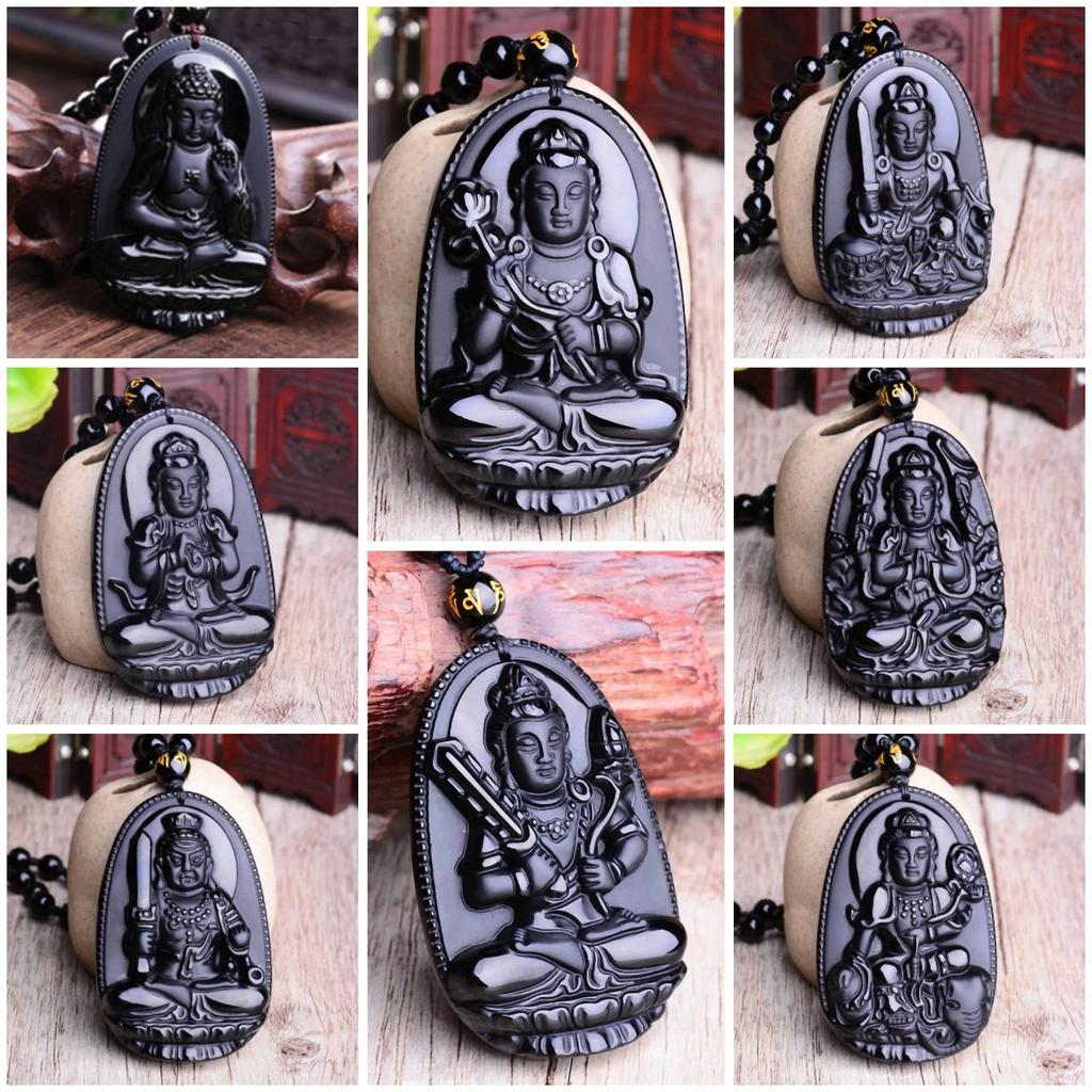 Vintage Retro Buddha Black God Rhinestone Obsidian Pendant Necklace Chain Unisex Men Women Fashion Gothic Amulet Talisman Jewelry Party Gift
