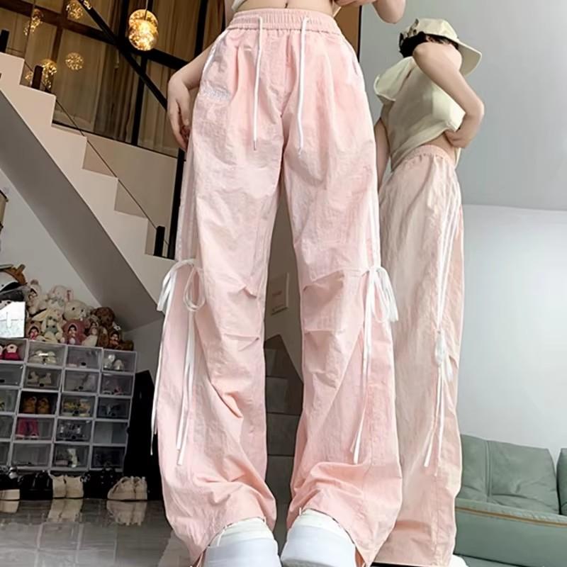 Bow Striped Pants Women Summer High Waist Loose Casual Pants Korean Style Spicy Girl Versatile Full Length Trousers Female