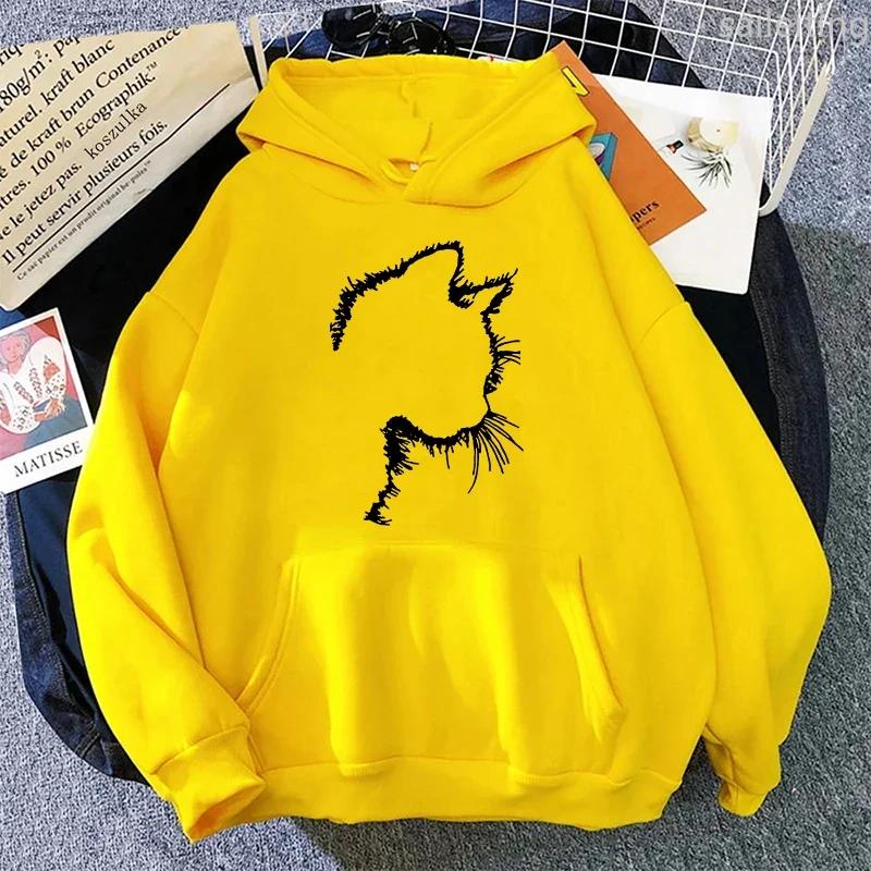 Autumn Winter Womens Sweatshirts Cute Cat Printing Casual Kangaroo Pocket Hoodies Sports Pullover Tops Daily Aesthetic Clothes