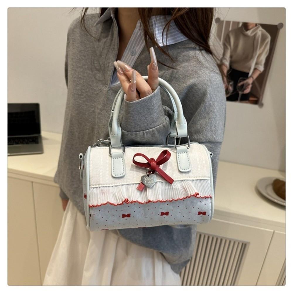 PU Leather Lolita Crossbody Bag Dot Pattern Sweet Bow Single Shoulder Tote Ruffle Design Pillow Shape Sweet Bow Bag for Women