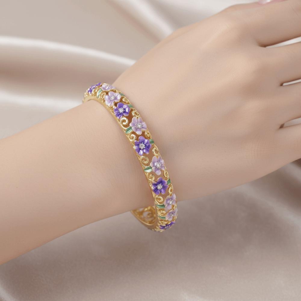 Enamel Flower Crystal Bangle Rhinestone Women's Hand Bracelet Vintage Cloisonne Bangle  Ladies