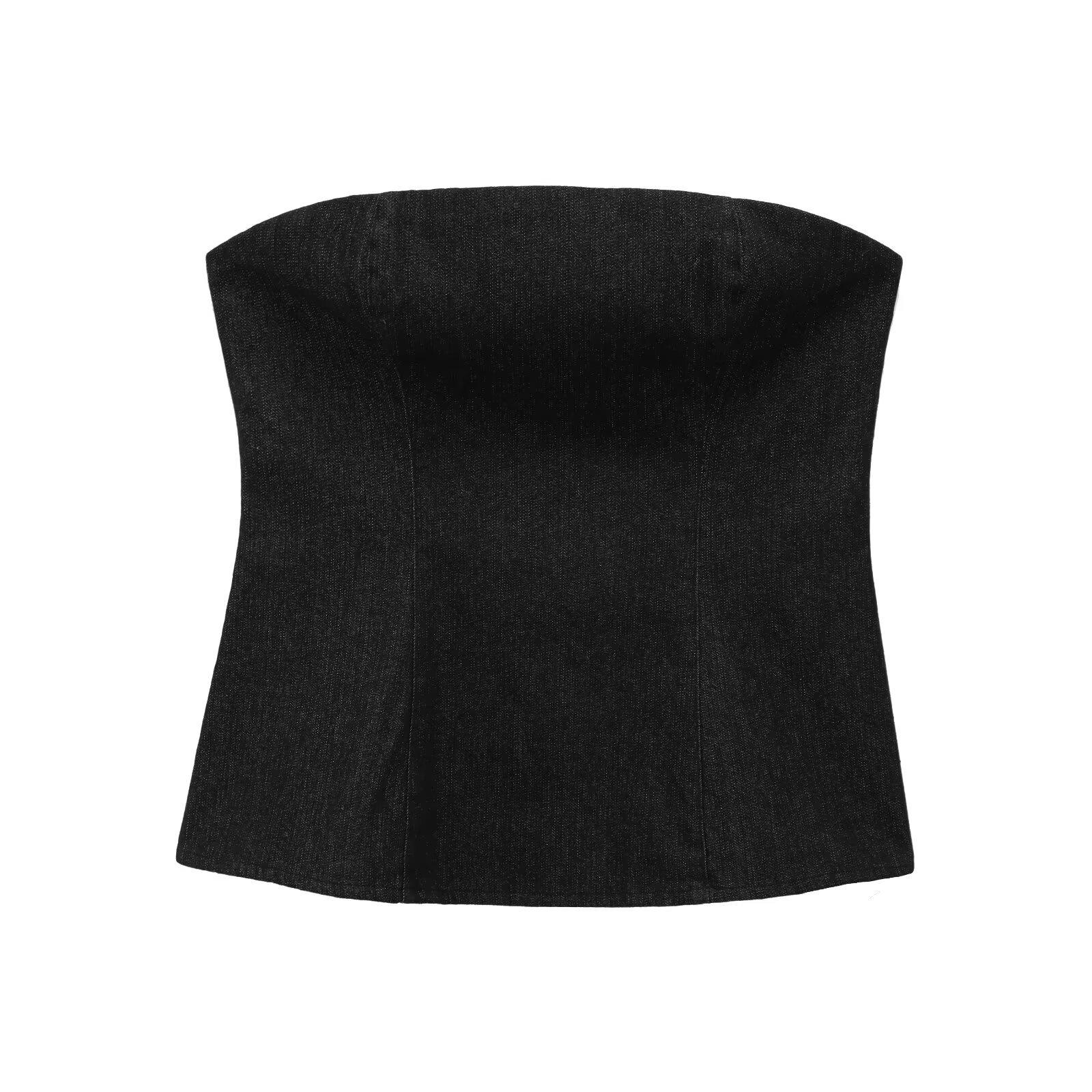 

European & American Women s Denim Strapless Top + Pleated Pants Extra Small