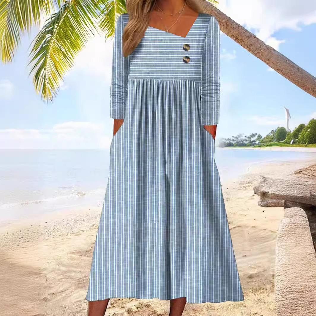 

Women s Long Sleeve Striped Button-Down Dress with Pockets, Casual Beach Dress, Square Neck Ruffled Waist Midi Dress XXL зелений
