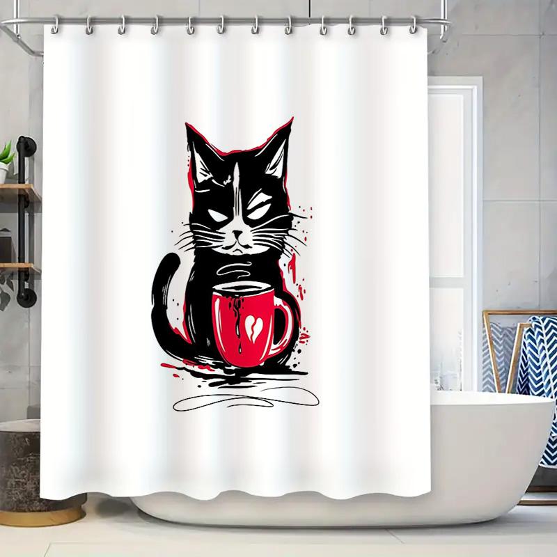 

Gothic Cat Shower Curtain Dark Aesthetic Room Decor Horror Spooky Halloween Home Decor Creepy Kitty Lover Gift Black White Art 90x180cm