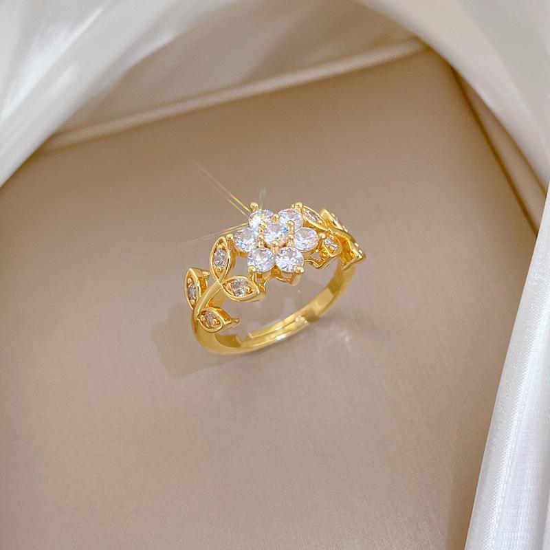 Real Gold Light Luxury Flower Full Diamond Ring Opening Adjustable Simple Jewelry Japanese Ring Couple Ring