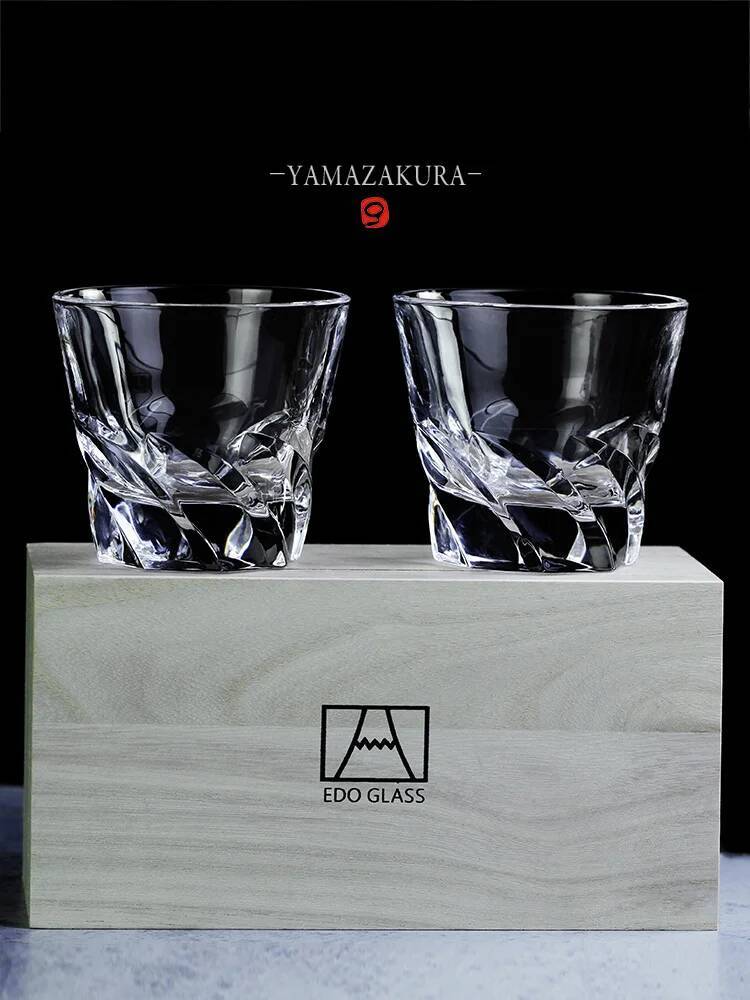 

Carved Shark Fin Whiskey Glass For Couple Old Fashioned EDO Crystal Wine Cup Wind Blade Lovers Whisky Cup Set Wood Box Recommend 230ml