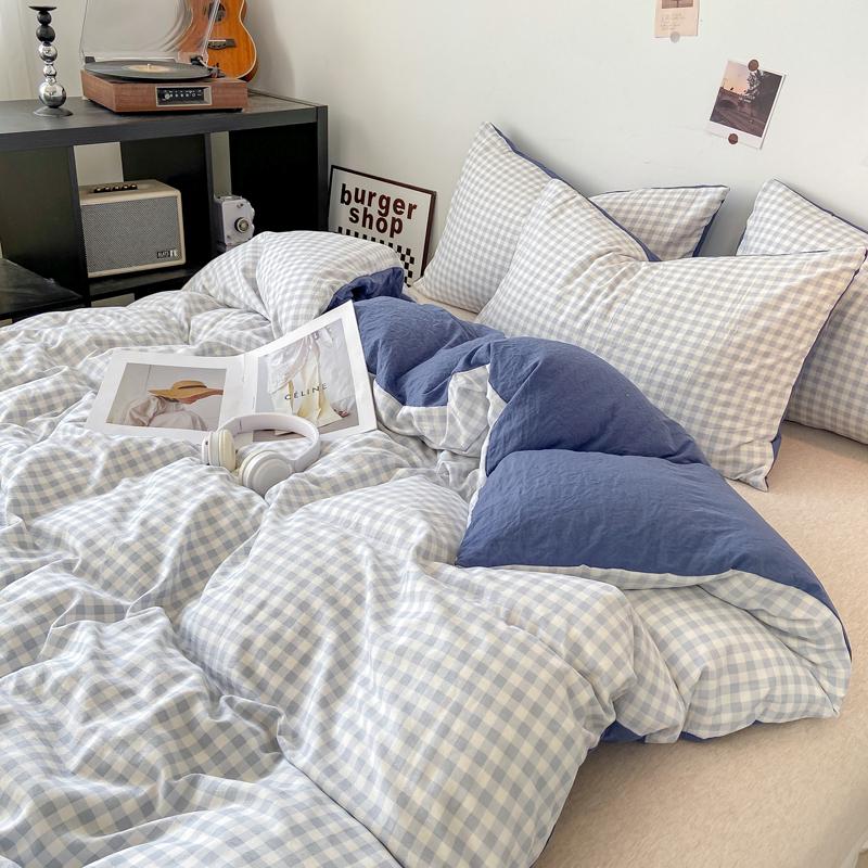 

Plaid Washed Cotton Duvet Cover Set - Single 150x200x230cm, Dormitory Bedding Three-Piece Set 1.5x2.0m Single Duvet Cover