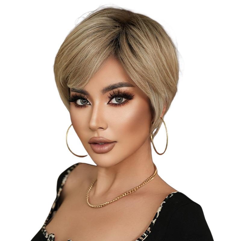 Synthetic Golden Brown Wig for Women Daily Party New Trend Natural Blond Wigs with Bangs Ombre Bob Heat Resistant Fiber