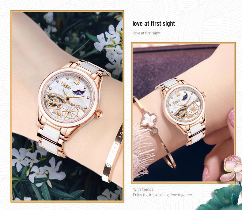 Montre Mécanique Automatique pour Femme NESUN - Élégante, Lumineuse, Étanche, Design Squelette pour Cadeau de Saint-Valentin