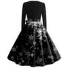 Christmas Print Flare Dress For Women Long Sleeve Dress Hollow Party Casual Dresses