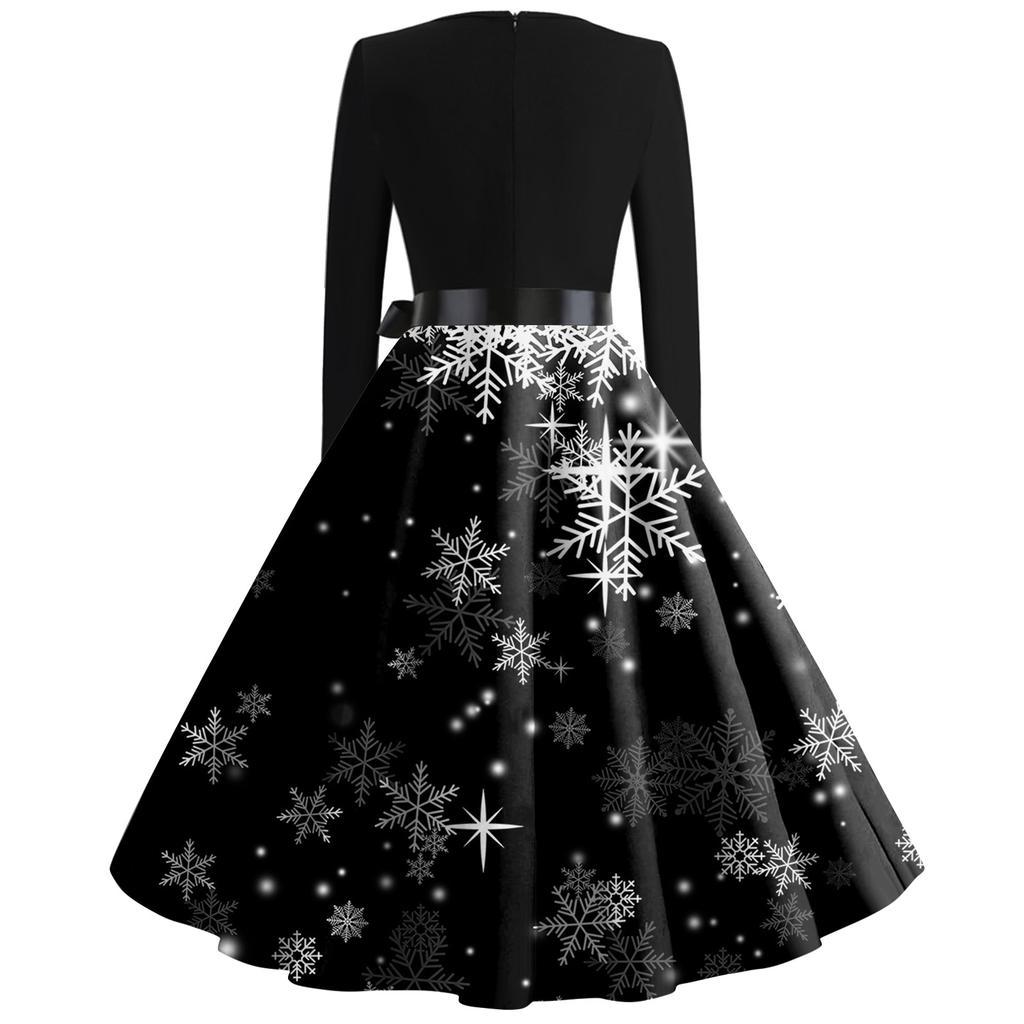 Christmas Print Flare Dress For Women Long Sleeve Dress Hollow Party Casual Dresses
