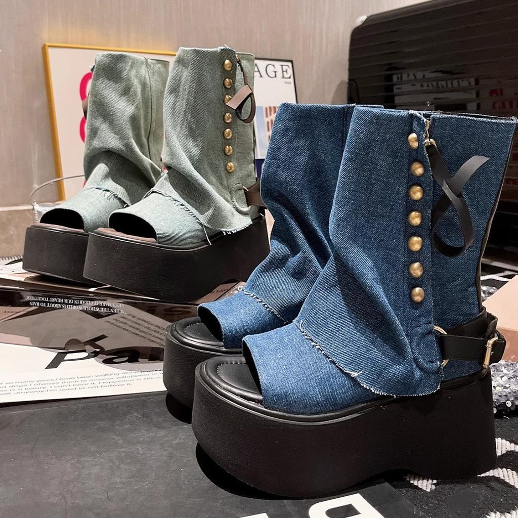 2025 new denim rivet open-toed Roman cool boots thick-soled muffin trousers boots thin boots small women's shoes