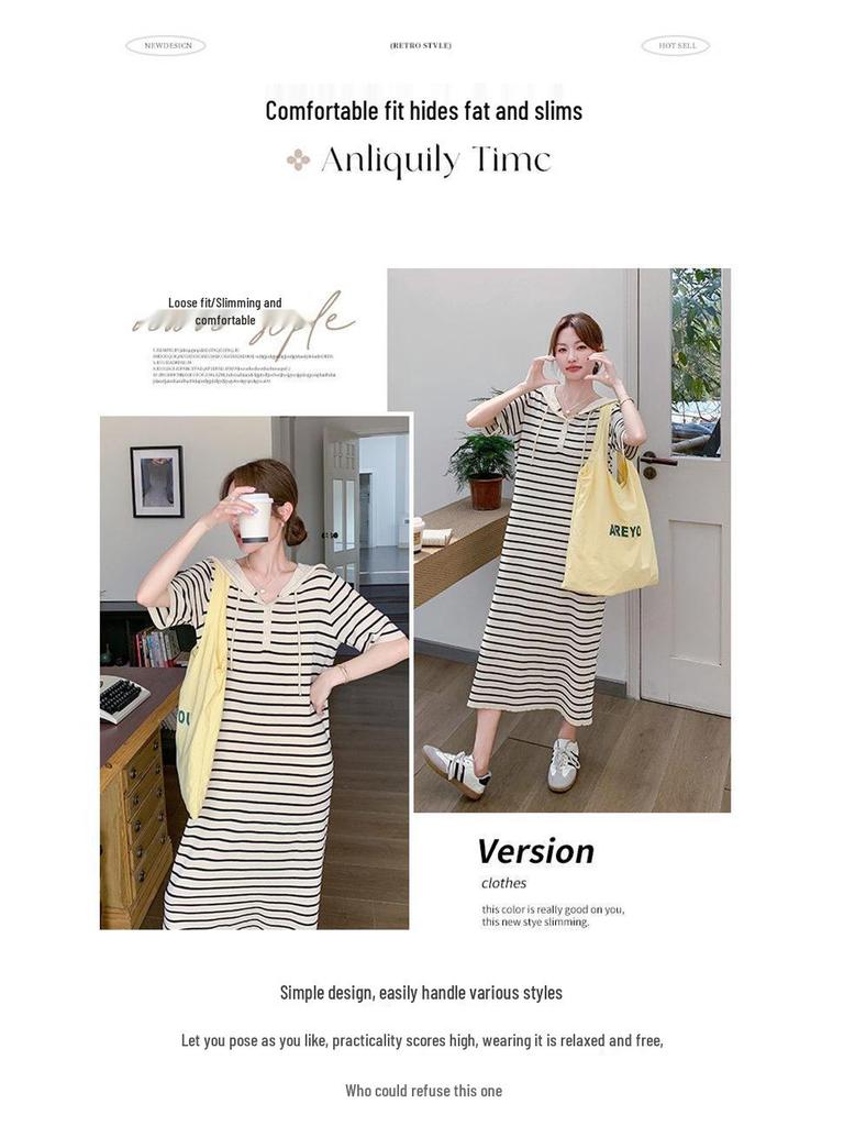 Korean Casual Striped Knit Hoodie Dress for Women, Summer College Style