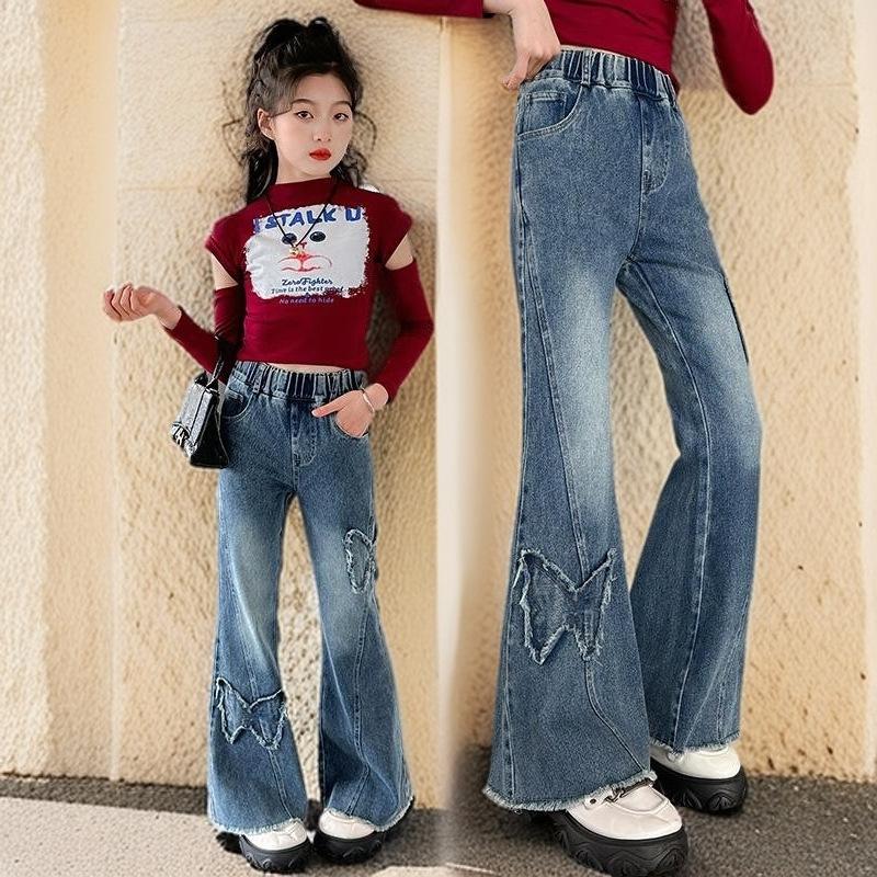 Kız Çocuk Geniş Paça Kot Bol Pantolon İlkbahar Sonbahar Genç Günlük Pantolon Çocuk Modası Düz Denim Uzun Pantolon Çocuk Giyim