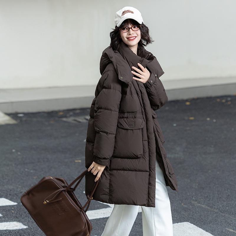 Duck Down Winter New Casual Versatile Warm Down Jacket Women's Medium and Long Hooded Jacket
